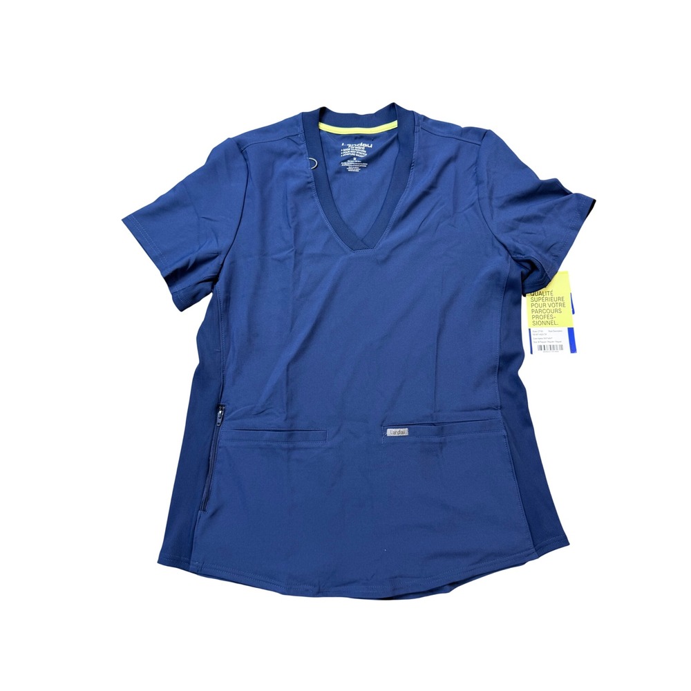 Landau Scrub Top Womens Medium Navy New Rib Knit V-Neck Forward LT100 NWT